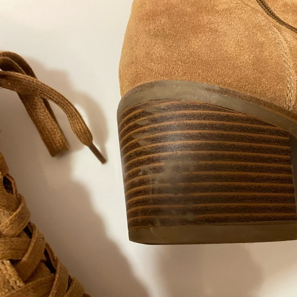 Genuine Suede Leather Ankle Boots Booties Lace/Zip Up Rubber Sole Camel/Tan